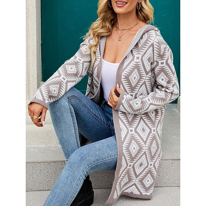 Women's Zip Sweater Sweater Jacket Casual Sweater Casual Soft Geometric Paisley Crew Neck Zipper Hooded Long Sleeve Regular Tops Knit Outdoor Daily Weekend Wine Red Black Fall Winter4