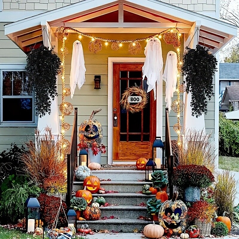 2/4 Bundles Halloween Artificial Plant Hanging Eucalyptus Leaf Fake Outdoor Faux Plastic Greenery for Wall House Room Patio Indoor Home Shelf Office Decor