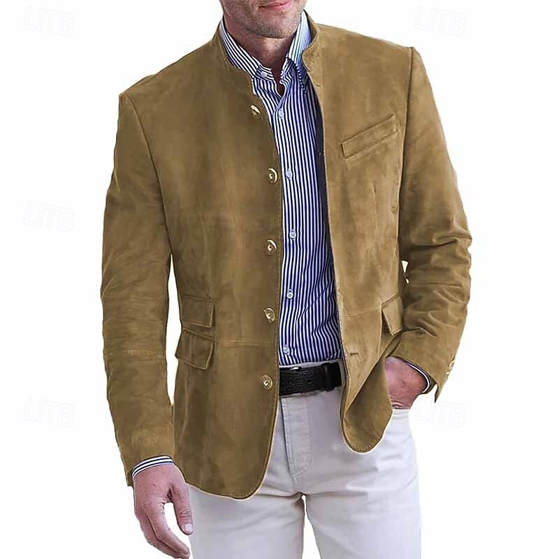 Men's Lightweight Jacket Casual Jacket Faux Suede Jacket Vacation Daily Breathable Soft Pocket Spring &  Fall Plain Fashion Classic Stand Collar Regular Light Khaki Black Navy Blue Khaki Army Green3
