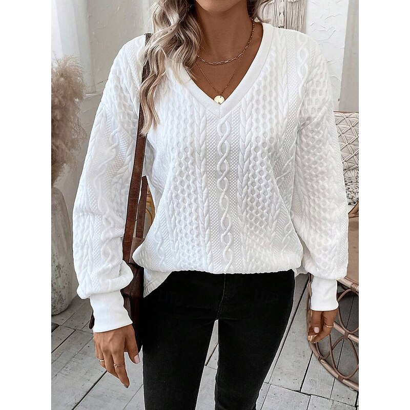 Women's Pullover Fashion Plain Dailywear Casual V Neck Zipper Loose Fit Long Sleeve White Spring Fall3