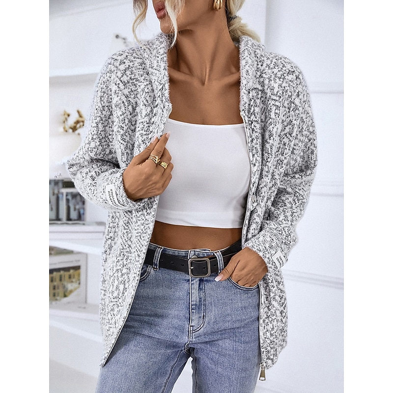 Women's Zip Sweater Sweater Jacket Casual Sweater Casual Soft Geometric Paisley Crew Neck Zipper Hooded Long Sleeve Regular Tops Knit Outdoor Daily Weekend Pink Beige Fall Winter