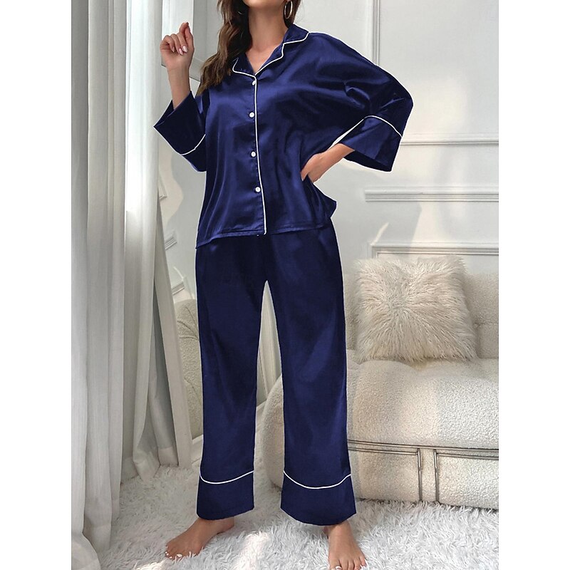 Women's Pajamas Sets Pure Color Fashion Comfort Home Daily Bed Faux Silk Silk Breathable Lapel Long Sleeve Shirt Pant Button Pocket Fall Home Outfits