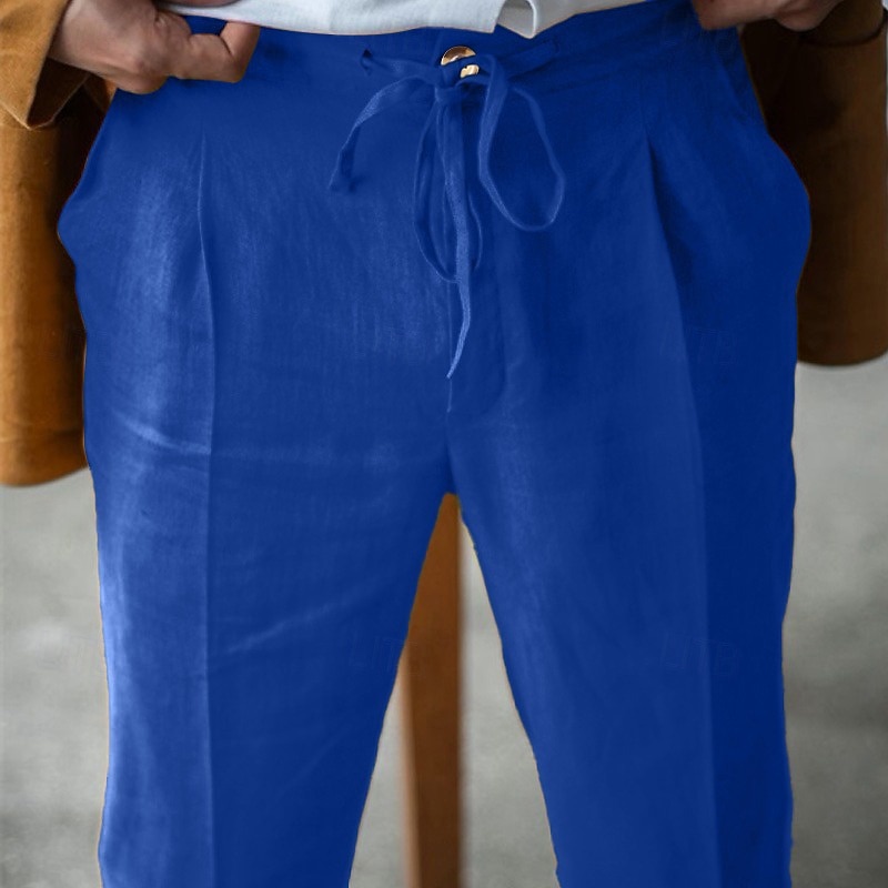 Men's Linen Pants Trousers Summer Pants Beach Pants Plain Breathable Soft Casual Daily Holiday Fashion Streetwear White Navy Blue Inelastic2