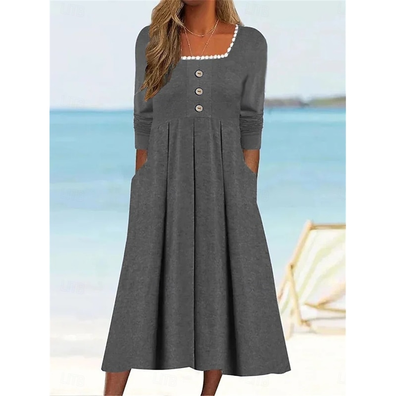 Women's Casual Dress Midi Dress Patchwork Button Vacation Streetwear Basic Square Neck 3/4 Length Sleeve Black White Wine Color4