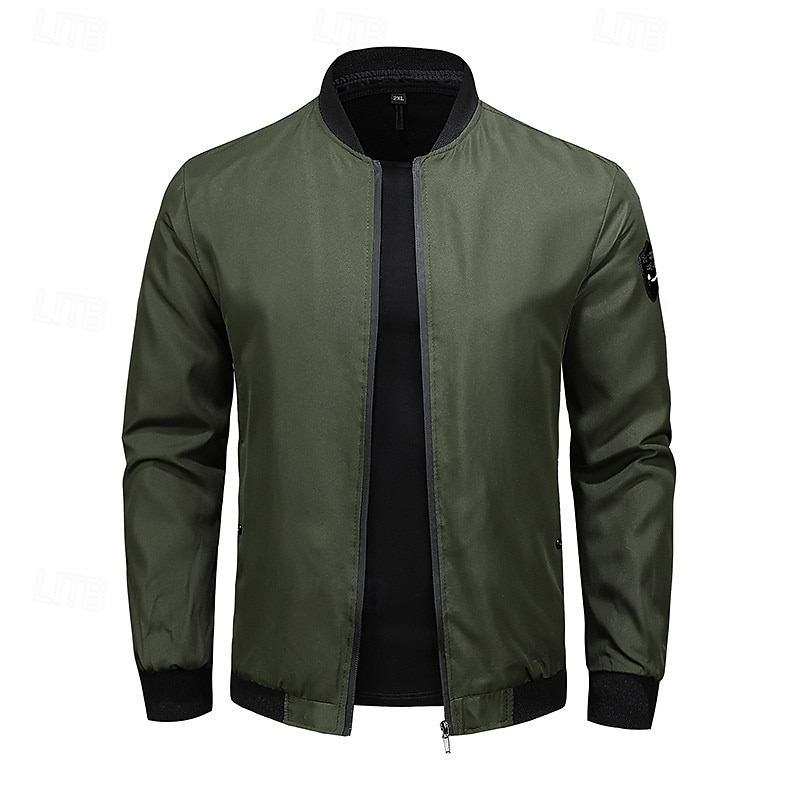 Men's Bomber Jacket Transition Jacket Going out Pocket All Seasons Plain Casual Standing Collar Regular Black Blue Army Green Gray Jacket3