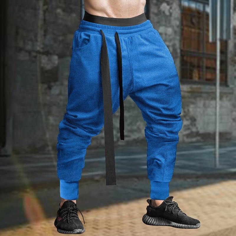 Men's Sweatpants Joggers Trousers Casual Pants Waffle Pants Drawstring Elastic Waist Plain Comfort Soft Full Length Sports Outdoor Daily Fashion Streetwear Black Blue