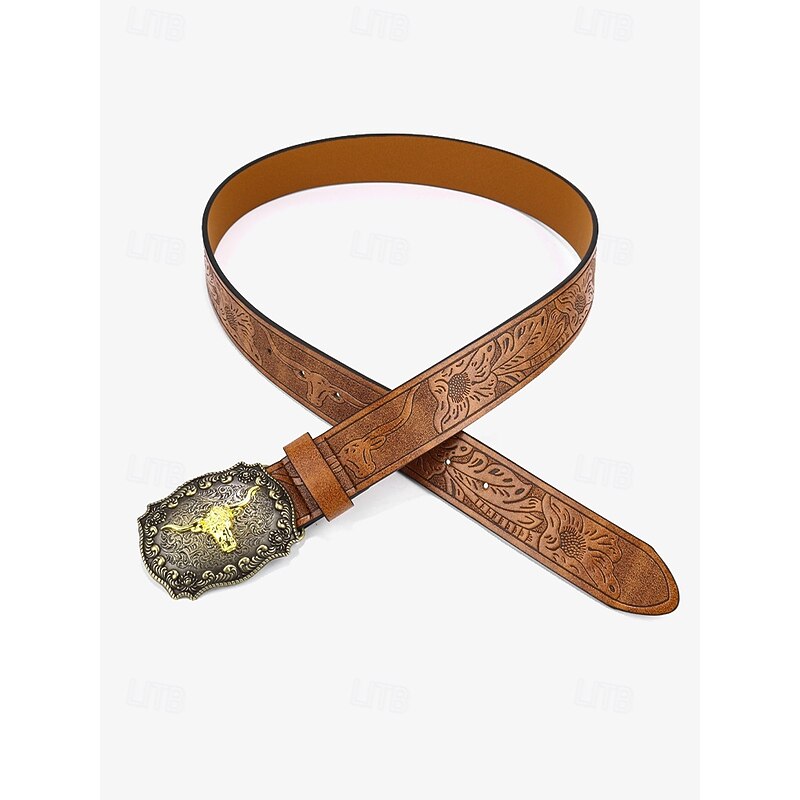 Men's Western Leather Belt with Gold Longhorn Buckle - Vintage Engraved Cowboy Belt for Casual and Rodeo Style4
