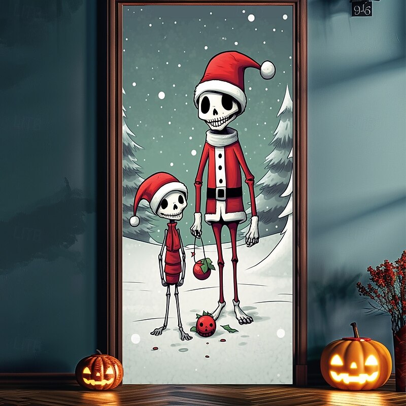 Halloween Christmas Door Decorations Halloween Door Covers Skeleton Door Tapestry Tree Door Curtain Decoration Backdrop Door Banner for Front Door Farmhouse Holiday Party Decor Supplies 8