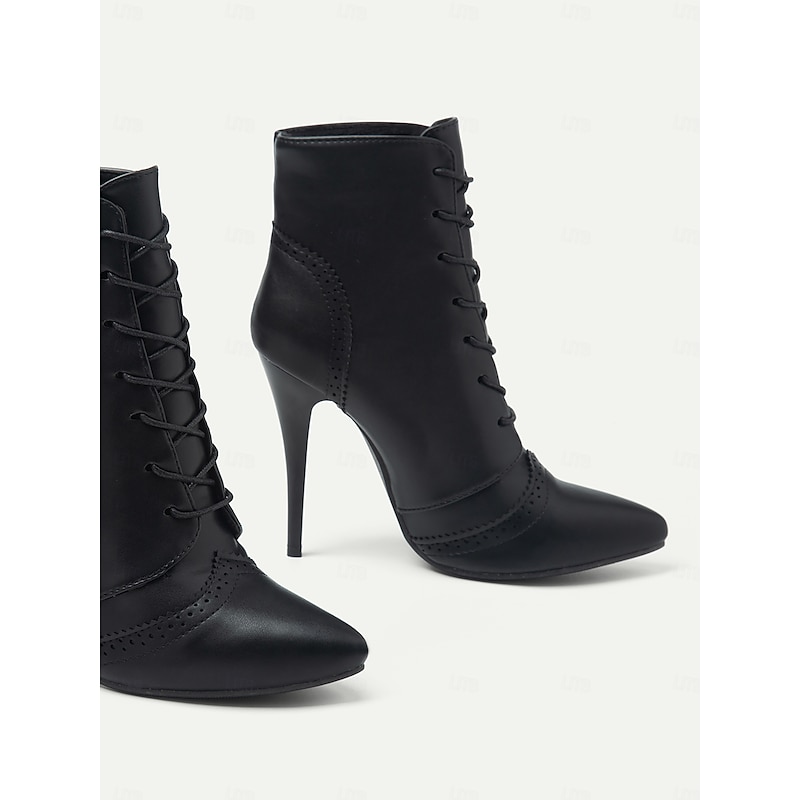 Women's Black Lace-Up Stiletto Ankle Boots with Brogue Detailing - Gothic Witch Shoes for Halloween and Cosplay4