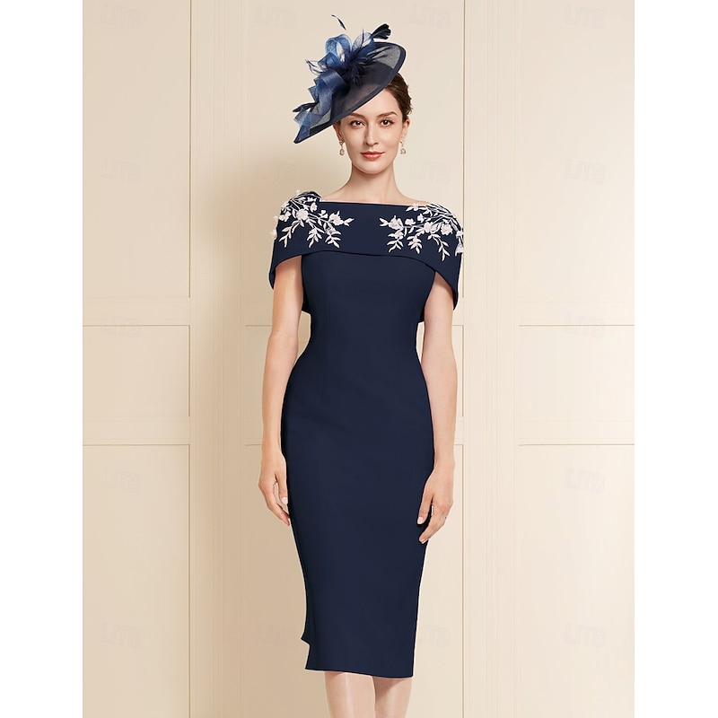 Sheath Mother of the Bride Dress Elegant Simple Off Shoulder Tea Length Stretch Fabric Short Sleeve with Bow(s) Pearls Embroidery