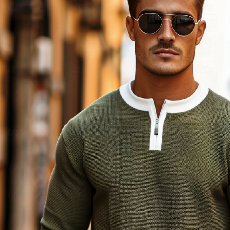 Men's Waffle T-shirt Quarter Zip Tee Tee Top Long Sleeve Shirt Long Sleeve Crewneck Spring &  Fall Color Block Fashion Designer Basic Zipper Fake two piece Vacation Street Going out Dark Brown Army3