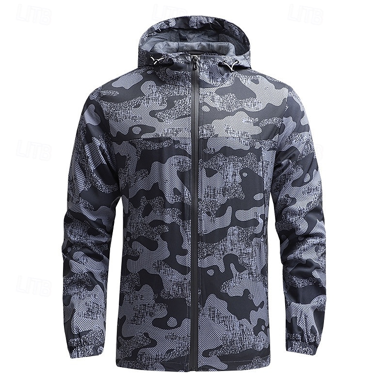 Men's Softshell Jacket Hiking Jacket Outdoor Camouflage Sun Protection Windproof Quick Dry Jacket Hoodie Full Zip Traveling Navy Blue Blue Grey2