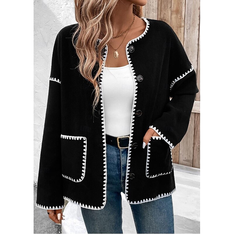 Women's Jacket Party Pocket Solid Color Windproof Fashion Loose Fit Outerwear Long Sleeve Fall Black S