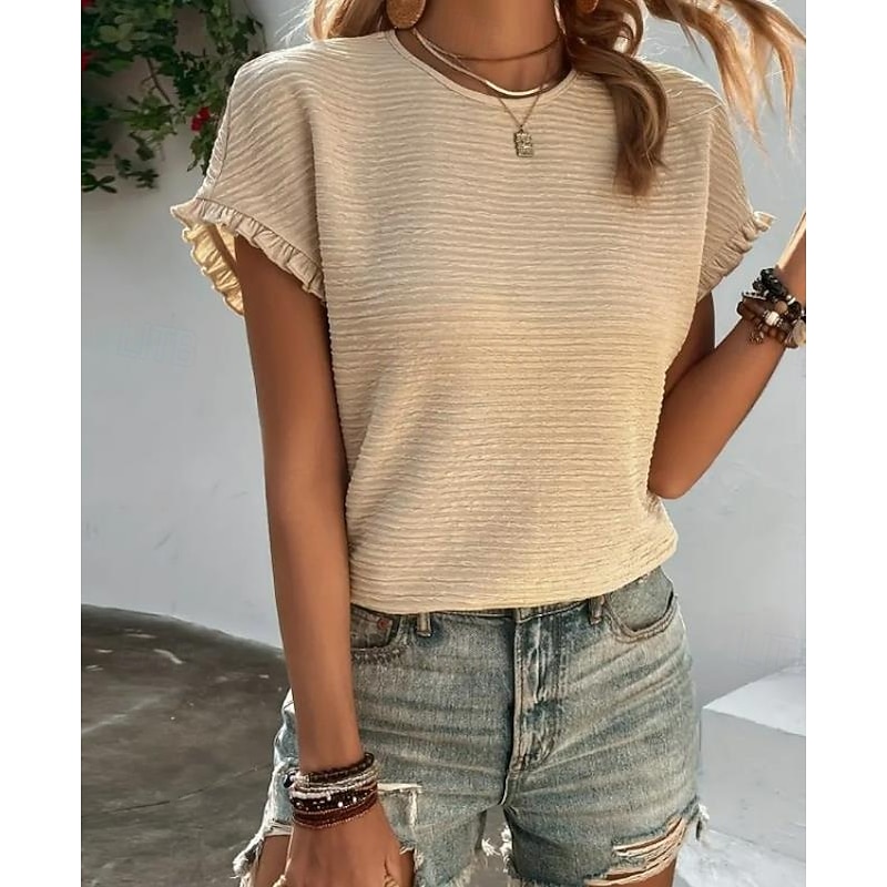 Women's T Shirt Elegant Fashion Casual Ruffle Short Sleeve Regular Tops Crew Neck Daily White Pink Khaki Summer Spring Fall4