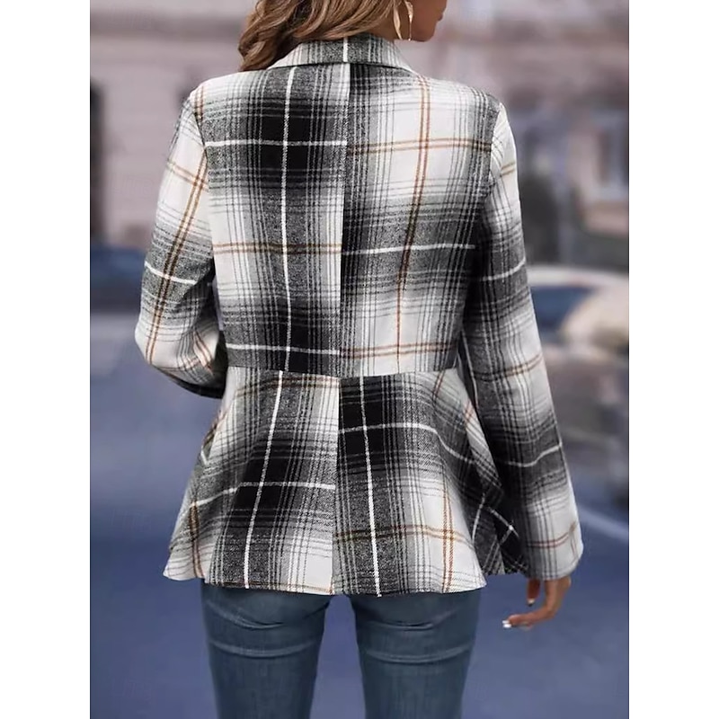 Women's Jacket Party Button Plaid Windproof Fashion Regular Fit Outerwear Long Sleeve Fall Black And White S2