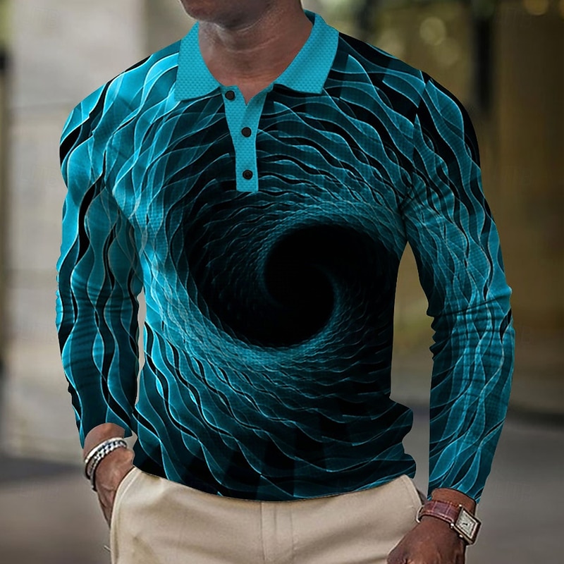 Men's Graphic Waffle Polo Shirts Golf Shirt Long Sleeve Polo Shirts Collared Shirts Vacation Wear Rave Wear Party Outfits Buttons 3D Print Summer Black Blue Purple - Main Image