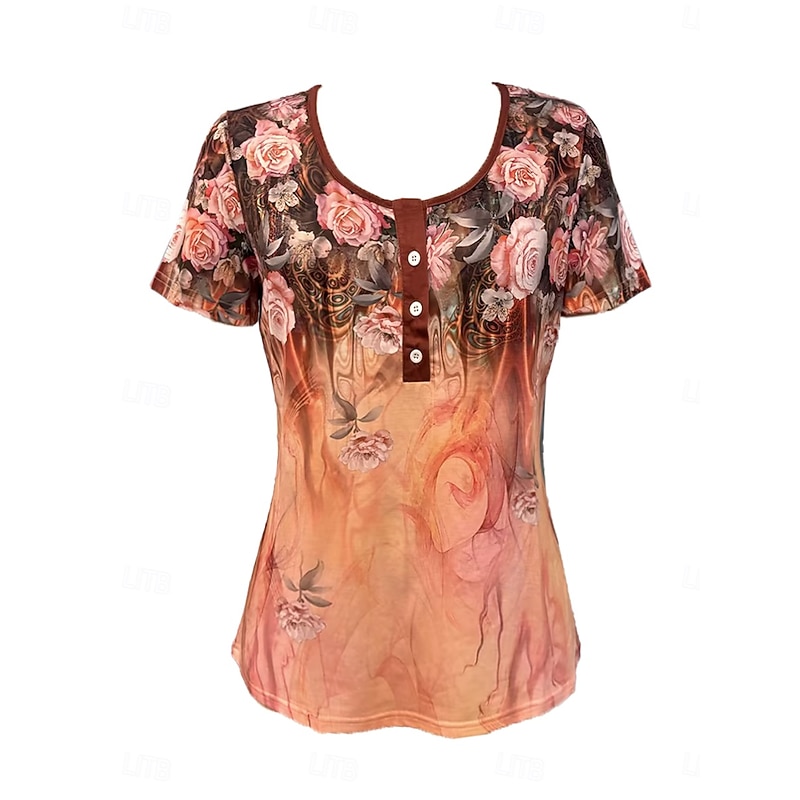 Women's T Shirt Casual Ombre Floral Buttons Short Sleeve Regular Tops U Neck Daily Rose Gold Khaki Summer2