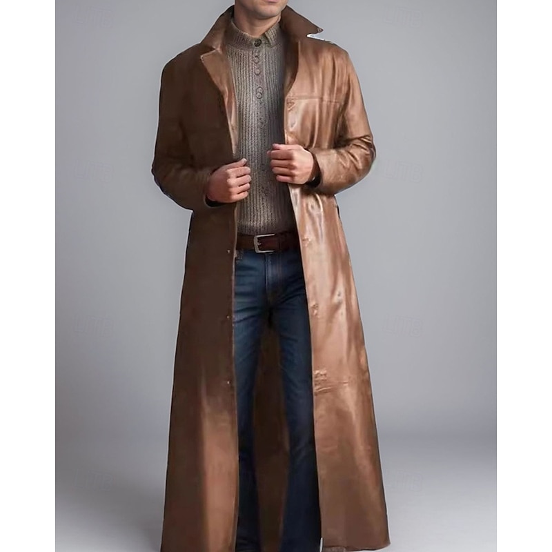 Men's Faux Leather Jacket Transition Jacket Trench Coat Long Trench Coat Vacation Daily Fall & Winter PU Leather Thermal Warm Windproof Outerwear Clothing Apparel Fashion Classic Plain Pocket Lapel3