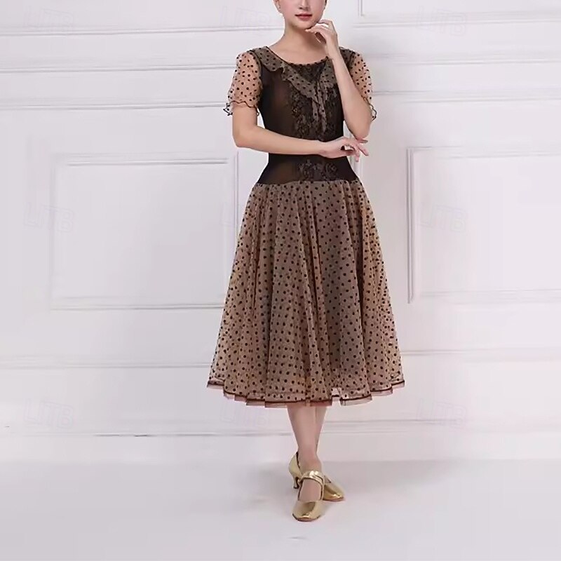 Ballroom Dance Dress Ruffles Splicing Women's Performance Party Short Sleeve Mesh Lace3