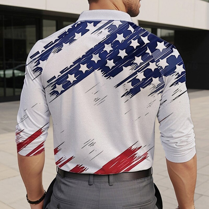 Men's American Flag Veterans Polo Shirts Golf Polos Shirts Long Sleeve Polo Shirts Collar Vacation Party Evening Wear Dailywear Zipper 3D Print Spring Fall & Winter Blue2