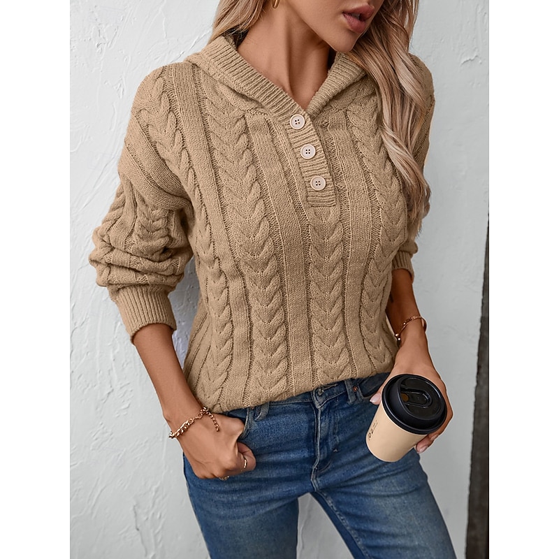 Women's Sweater Casual Solid Color Hooded Knitted Long Sleeve Regular Tops Knit Weekend Pink Khaki Fall Winter