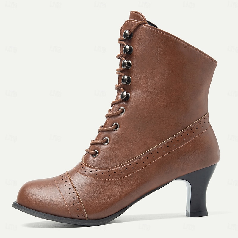 Women's Victorian Brown Lace-Up Mid-Heel Boots with Zipper - Perfect for Everyday Wear and Vintage-Themed Events4