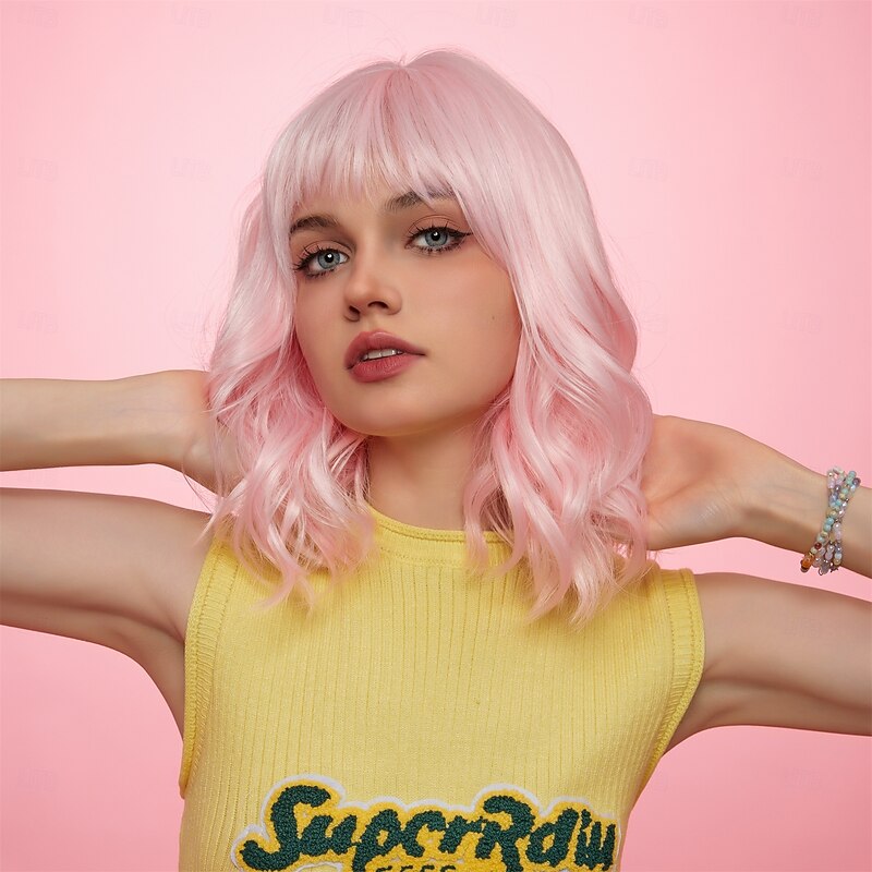 Synthetic Wig Uniforms Career Costumes Princess Curly Wavy Middle Part Layered Haircut Machine Made Wig 14 inch Pink+Red Synthetic Hair Women's Cosplay Party Fashion Pink3