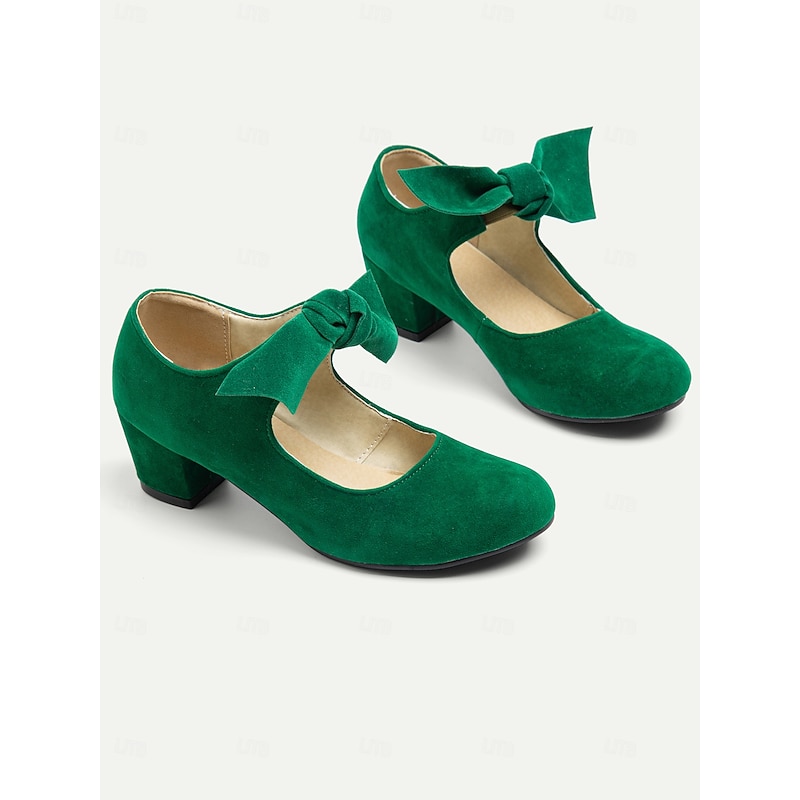 Women's Green Suede Mary Jane Shoes with Bow Detail - Perfect for Office, Daily Wear, and Special Occasions3