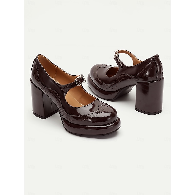 Women's Brown Patent Leather Mary Jane Block Heel Pumps with Brogue Detailing - Vintage-Inspired Dress Shoes for Office and Evening Wear3