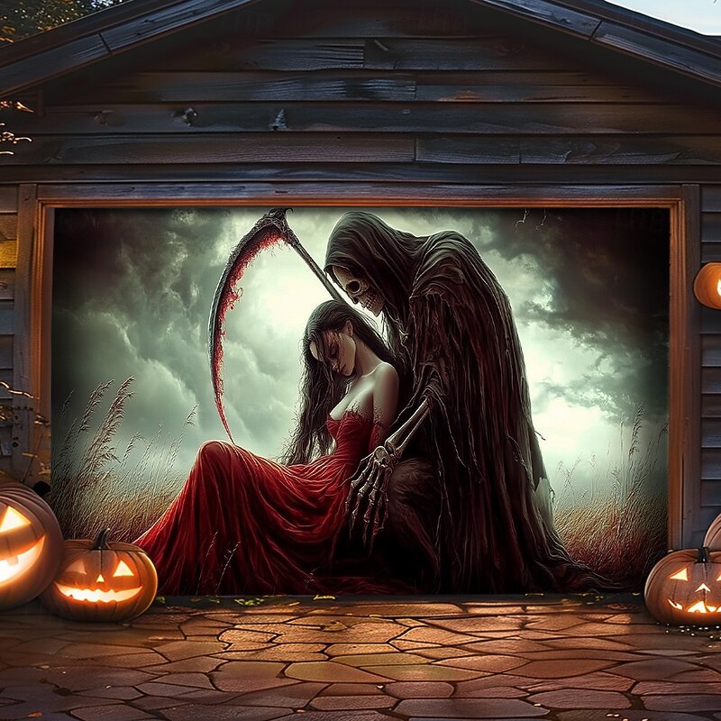 Halloween Door Decorations Outdoor Halloween Garage Door Cover Skeletons Banner Large Tapestry Backdrop Decoration for Holiday Outdoor Garage Door Home Wall Decorations 20