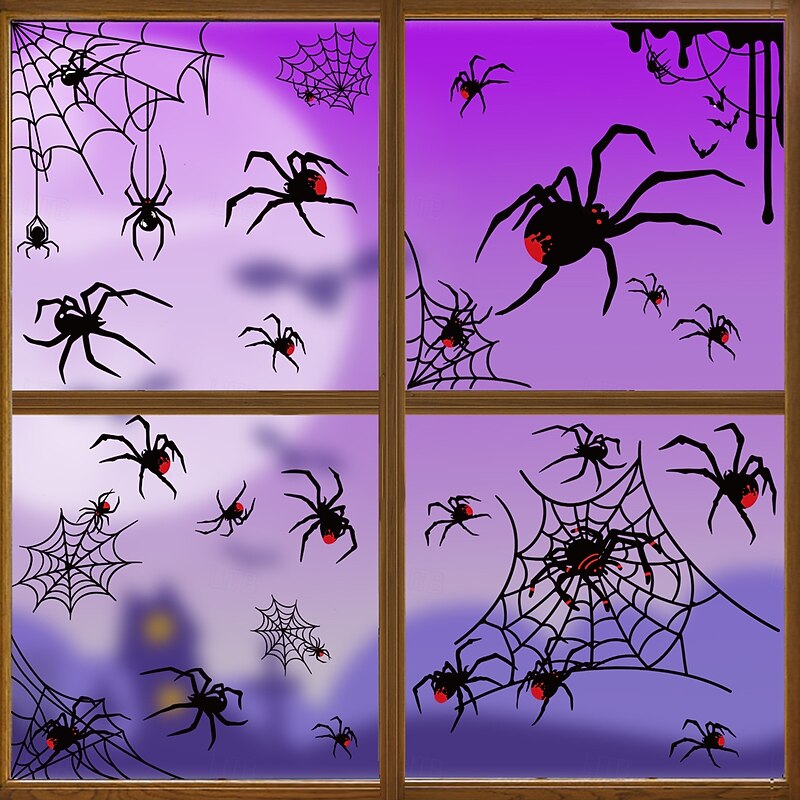 4 Sheets Halloween Window Cling Sticker Decals Decorations Double Side, Creative Spider Web Bat Static Stickers for Store Window Display and Halloween Decor2