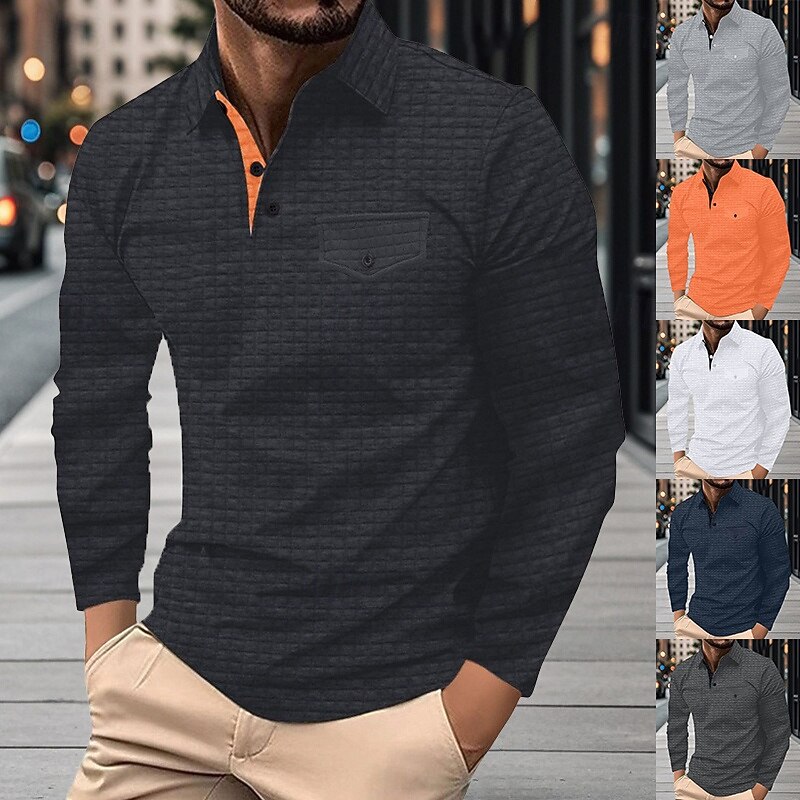Men's Waffle Polo Shirts Golf Shirt Work Casual Lapel Long Sleeve Basic Modern Plain Texture Buttons Spring &  Fall Regular Fit Black White Navy Blue Dark Gray Orange Light Grey Waffle Polo Shirts2