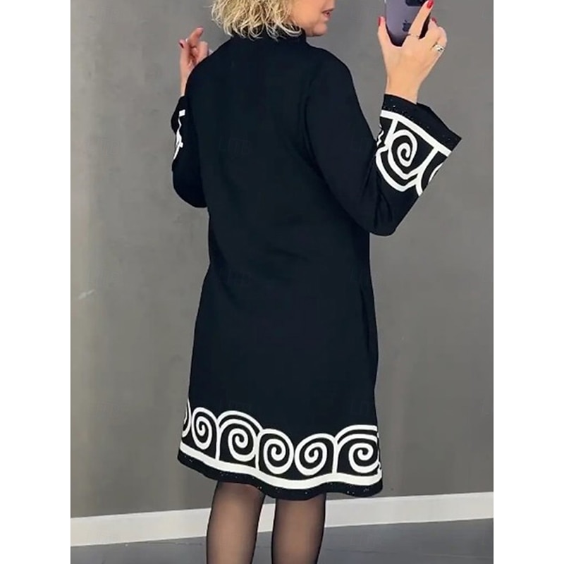 Women's Little Black Dress A Line Dress Fashion Workfashion Midi Dress Print Stand Collar Long Sleeve Geometric Loose Fit Black Spring Fall S M L XL 2XL3