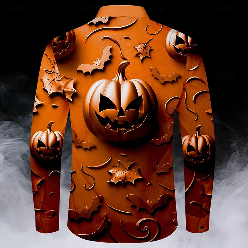 Halloween Men's Pumpkin Halloween Costumes Button Up Shirt Long Sleeve Horror Party Evening Wear Fall Winter Spring & Summer Shirt Collar 3D Print Orange2