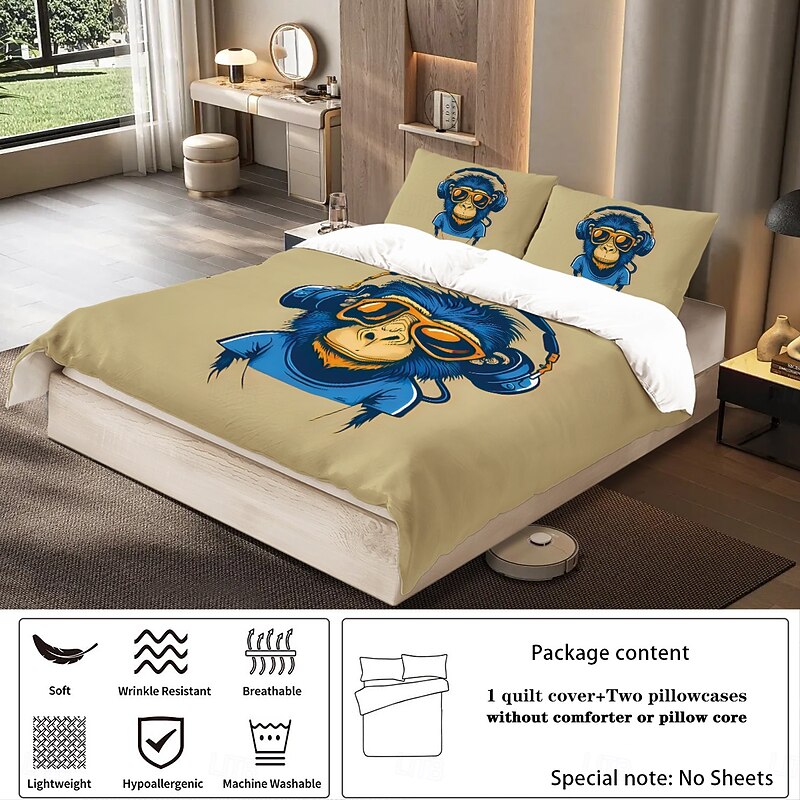Cool Earphones Monkey Printed 3-Piece Down Duvet Set Hotel Bedroom Room Luxury Bedding Comfortable Set 1 Down Duvet Set 2 Pillowcase Queen Bed Set 2 Piece Set 3 Piece Set Intimate Grinding Soft Short4