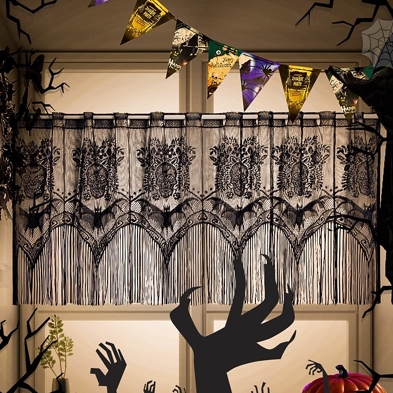 Halloween Window Decoration, Halloween Lace Skull Lampshade Hanging Decoration - Spooky Black Gothic Fringe Light Cover, Perfect For Halloween Parties & Haunted Houses4
