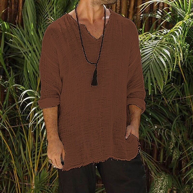 Men's Viking Style Summer Shirt Beach Wear Casual Shirt Plain Vacation Curise Brown Khaki Beige Long Sleeve V Neck Spring & Summer Clothing Apparel4