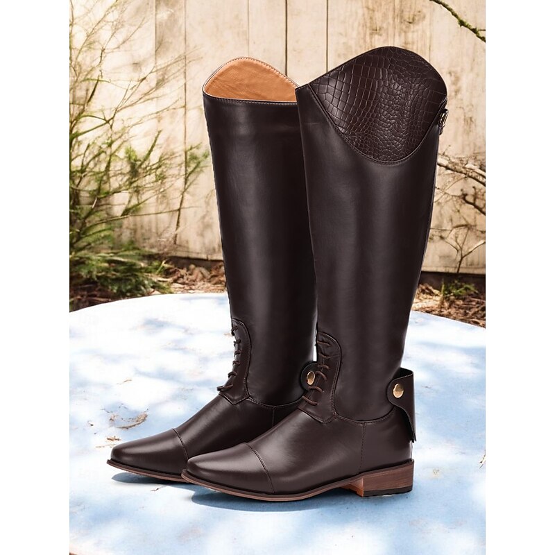 Women's Brown Leather Knee-High Riding Boots with Crocodile Pattern Accents, Stylish and Durable for Equestrian and Outdoor Wear2