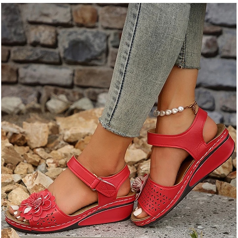 Women's Red Wedge Sandals with Floral Embellishments and Adjustable Ankle Strap for Summer and Casual Outfits2