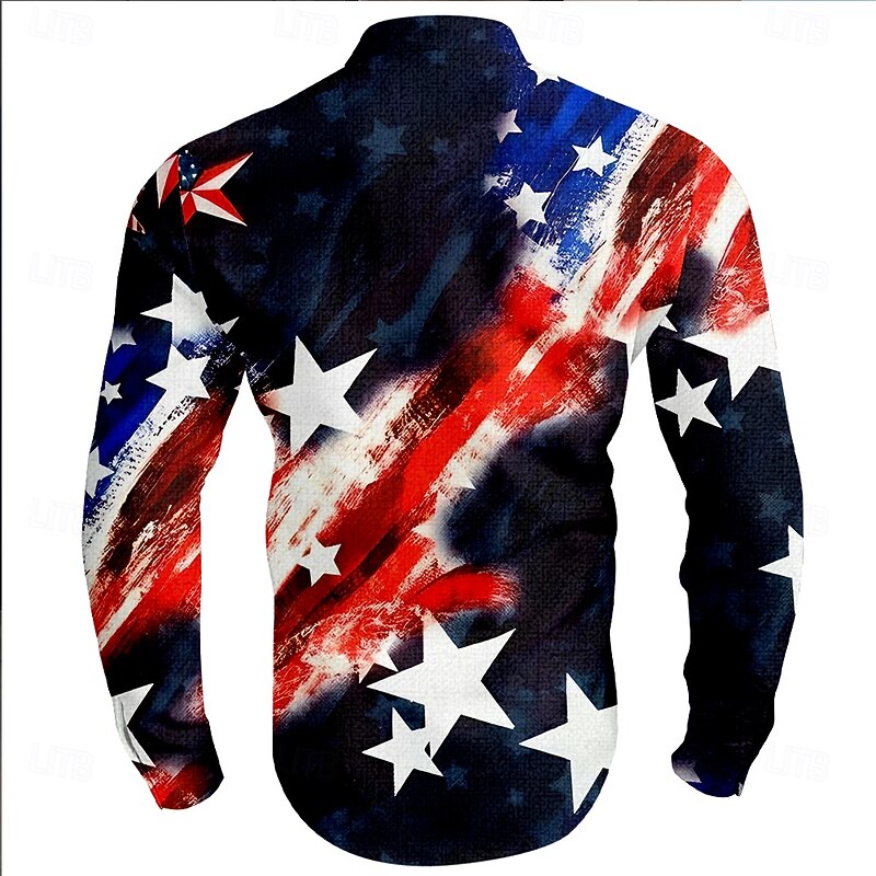 American Independence Day Men's American Flag Patriotic Button Up Shirt Long Sleeve Casual Vacation Daily Summer Spring &  Fall Grandad Collar Band Collar 3D Print Black2