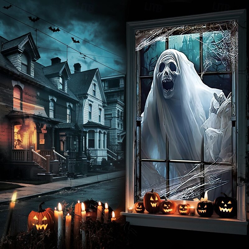 Halloween Window Cover Decorations, Fabric Witches Creepy Halloween Curtain Horror Movie Poster Window Door Covering Decor for Haunted House, Scary Halloween Window Clings Decals Indoor Outdoor4