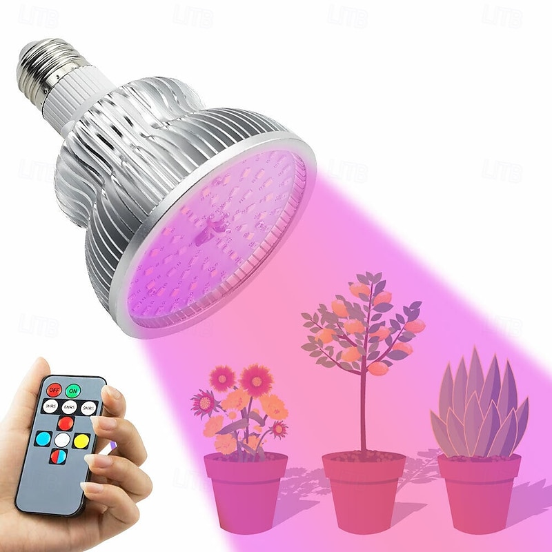 Full Light Plant Lamp with Remote Control Aluminum Alloy Plant Growth Light Bulb E27 50w High Power Red/Blue/Sun Color Adjustment Timing Function 85-265V  1PC