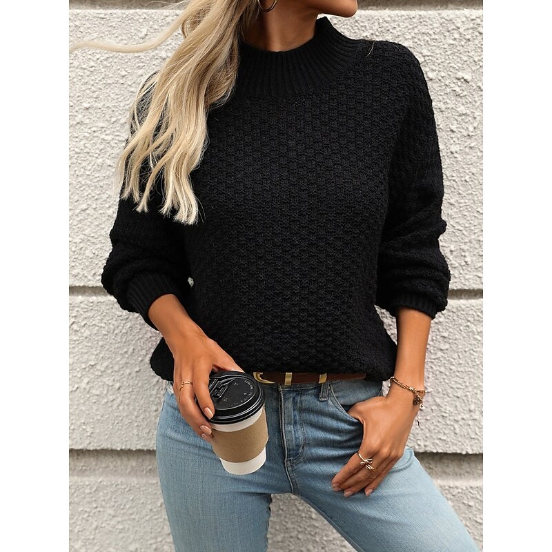 Women's Sweater Casual Soft Solid Color Mock Neck Textured Long Sleeve Regular Tops Knit Outdoor Work Daily Black White Fall Winter4