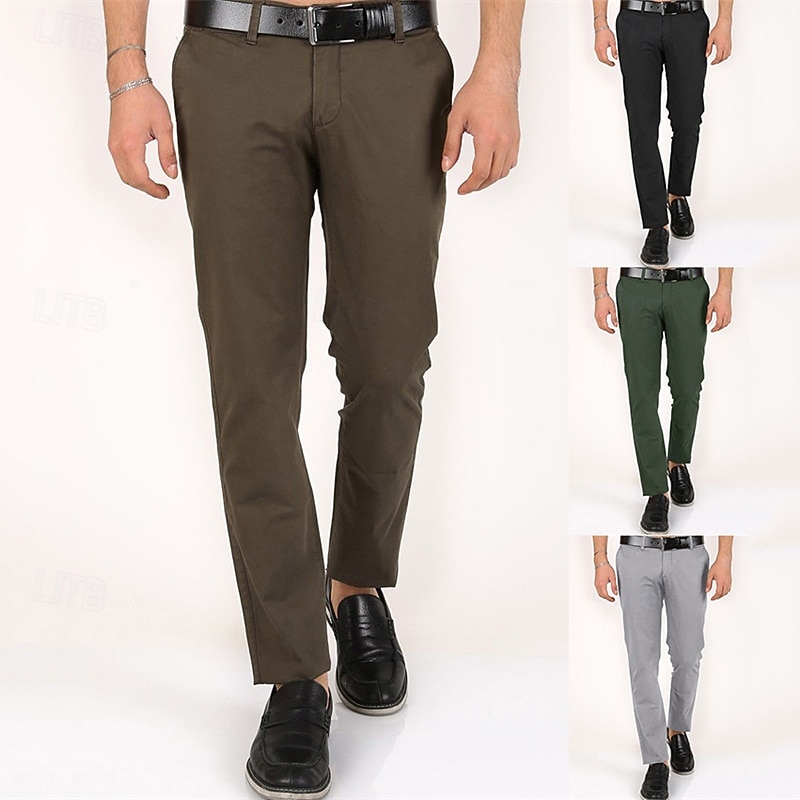 Men's Dress Pants Trousers Chinos Buttons Pocket Plain Comfort Formal Party Work Fashion Classic Style Black Dark Green Micro-elastic