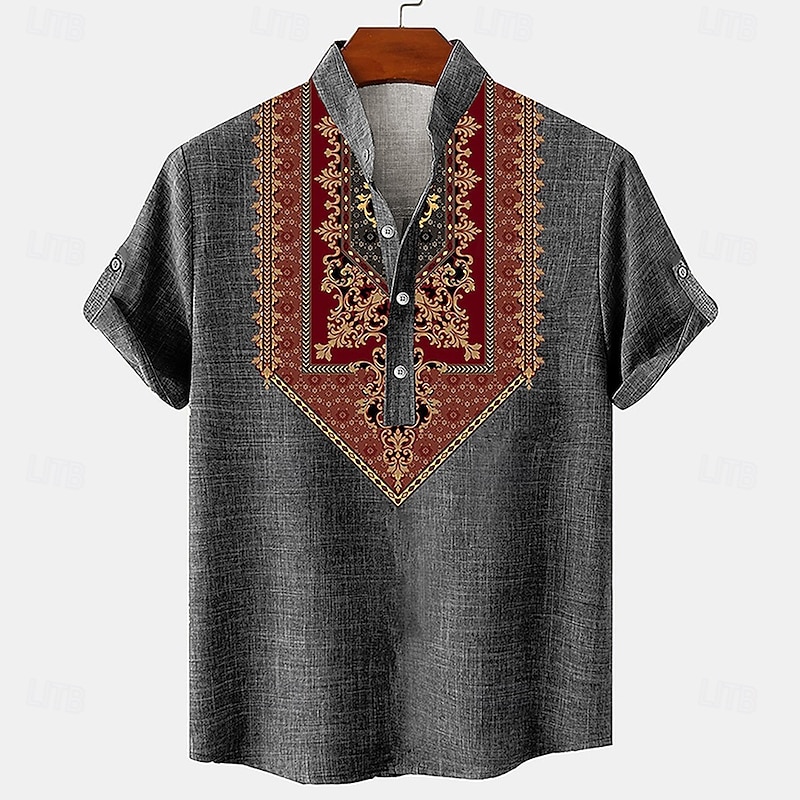 Men's Linen Shirt Henley Shirt Retro Shirts Vintage Shirt Ethnic Shirt Ethnic Vacation Dailywear Green Khaki Gray Short Sleeve Mandarin Collar Summer Spring Clothing Apparel Buttons4