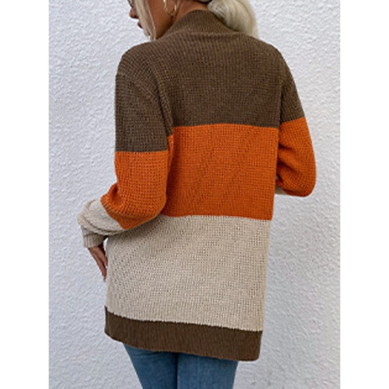 Women's Cardigan Casual Sweater Casual Soft Color Block V Neck Knitted Long Sleeve Regular Tops Knit Outdoor Daily Weekend Blue Brown Fall Winter2