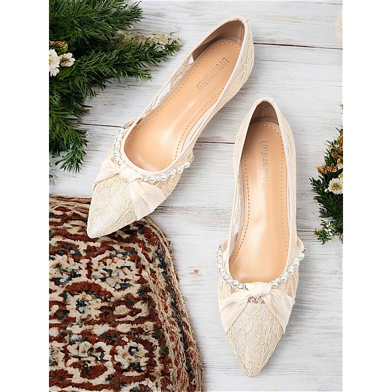 Women's Lace Pointed-Toe Flats with Pearl Embellishments and Bow Detail - Elegant Bridal Shoes for Weddings and Formal Occasions3