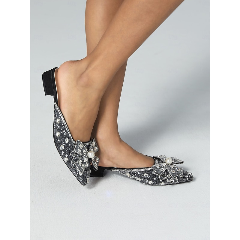 Women's Black Glitter Mules with Rhinestone and Pearl Bow Detail for Parties and Formal Events2