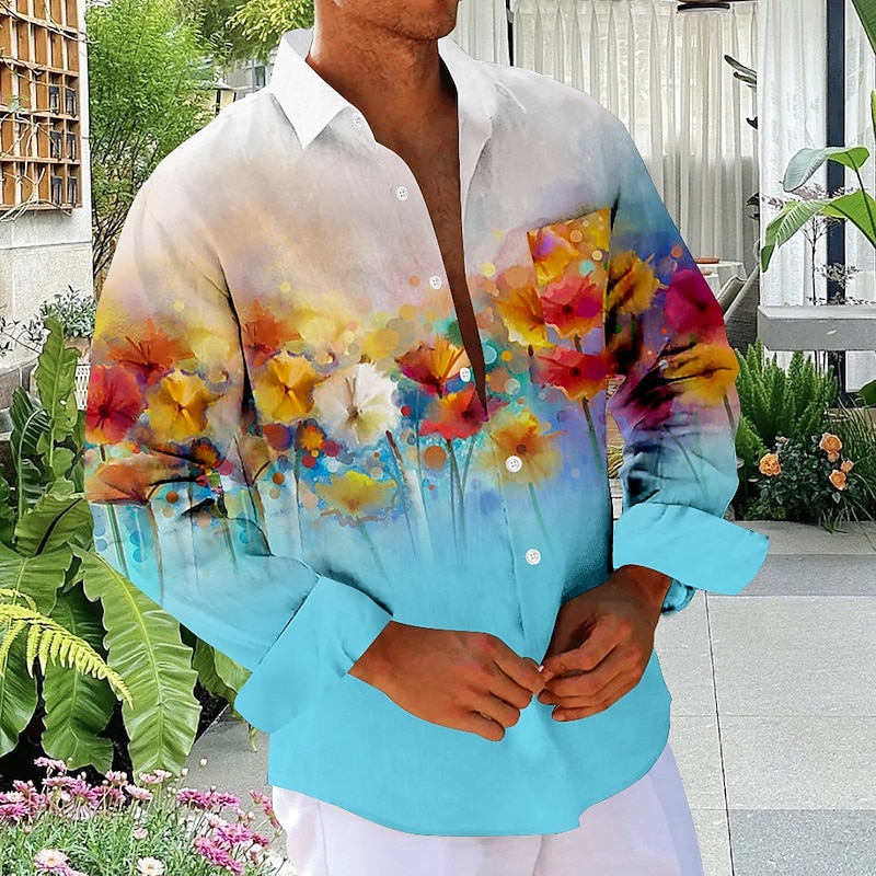 Men's Floral Beach Shirt Button Up Shirt Long Sleeve Hawaiian Vacation Daily Fall Winter Spring & Summer Collared Shirts 3D Print Yellow Blue Purple2