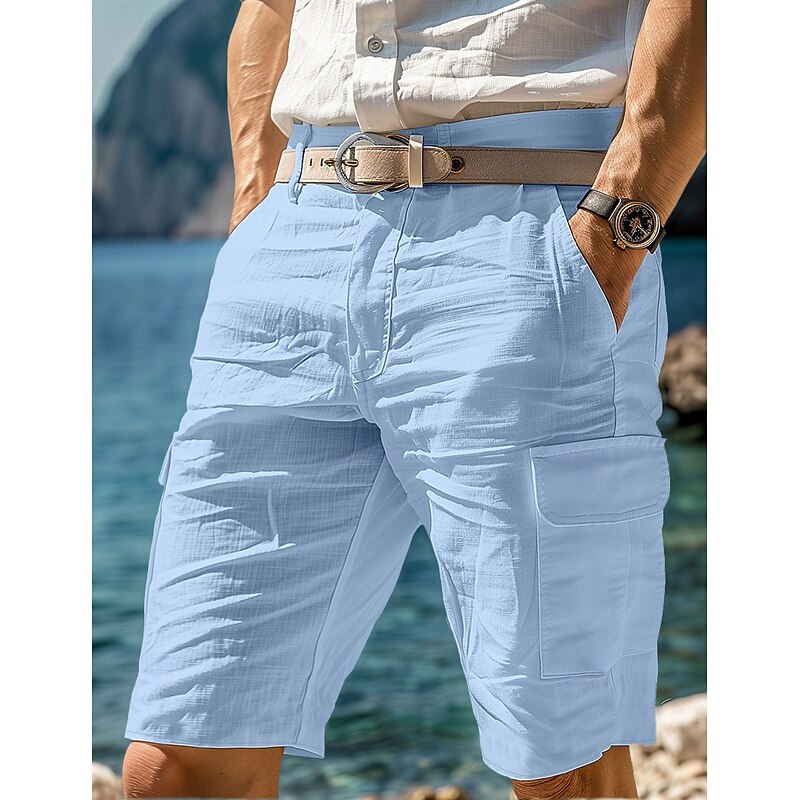 Men's Cargo Shorts Shorts Linen Shorts Summer Shorts Beach Shorts Multi Pocket Straight Leg Plain Comfort Breathable Knee Length Casual Daily Holiday Fashion Designer White Navy Blue3